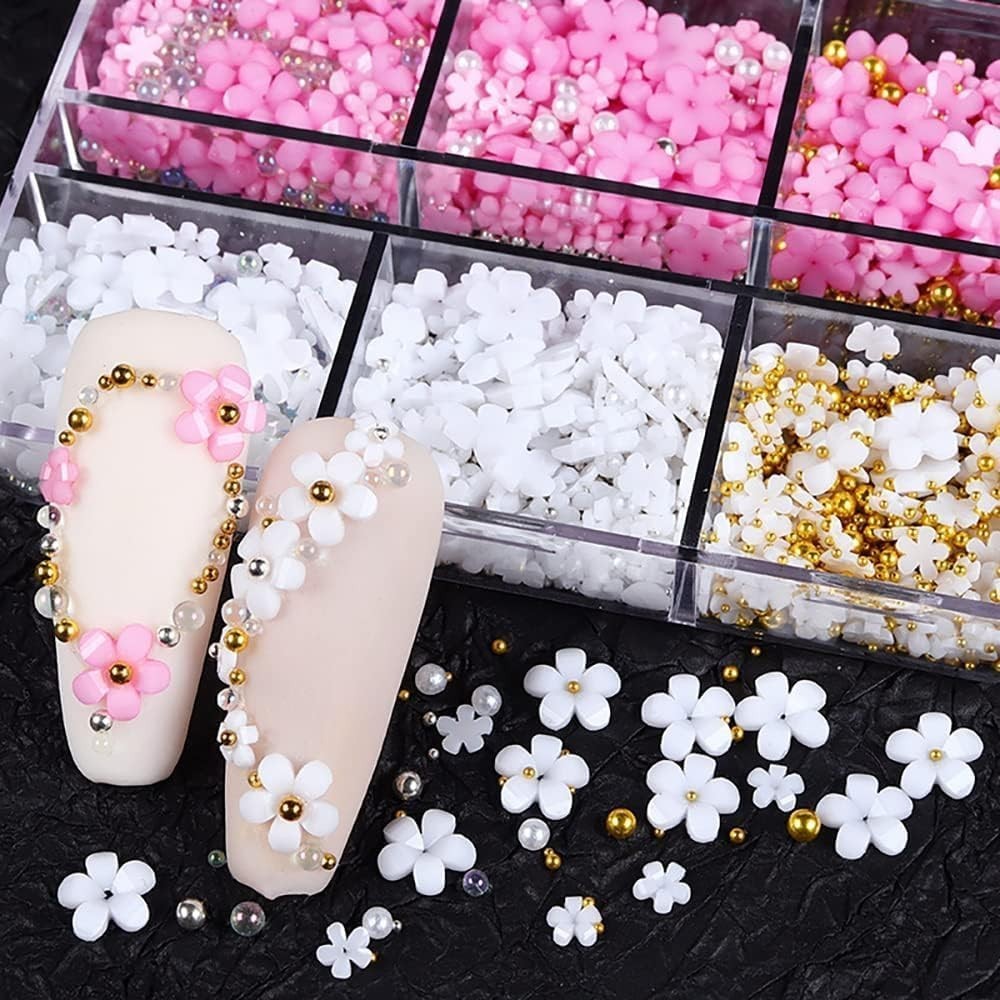 3D Flower Nail Charms, 2 Boxes 3D Acrylic Flower Nail Art Charms and Gems Whi…