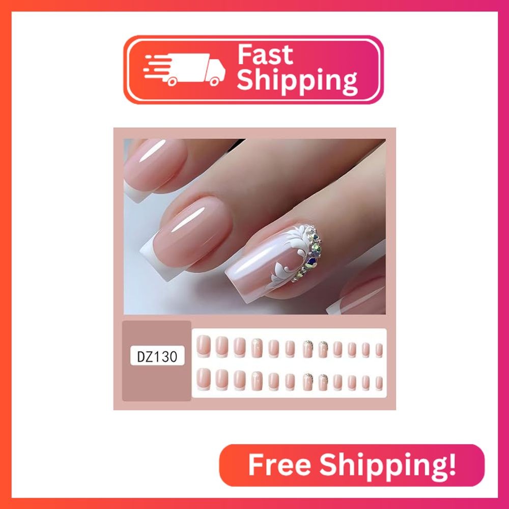 Press on Nails with French Tips 24Pcs Glossy Full Cover Artificial Square Medium