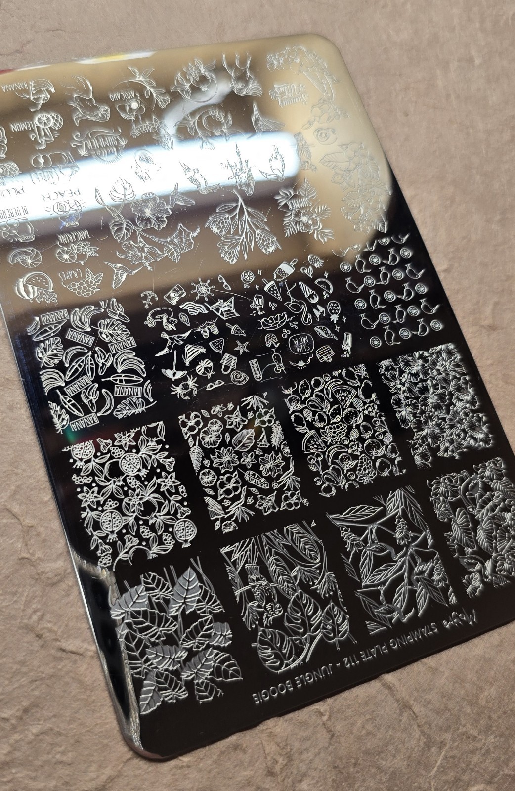 Moyra 112 Jungle Boogie Nail Stamp Plate Rainforest Birds Summer Toucan Fruit