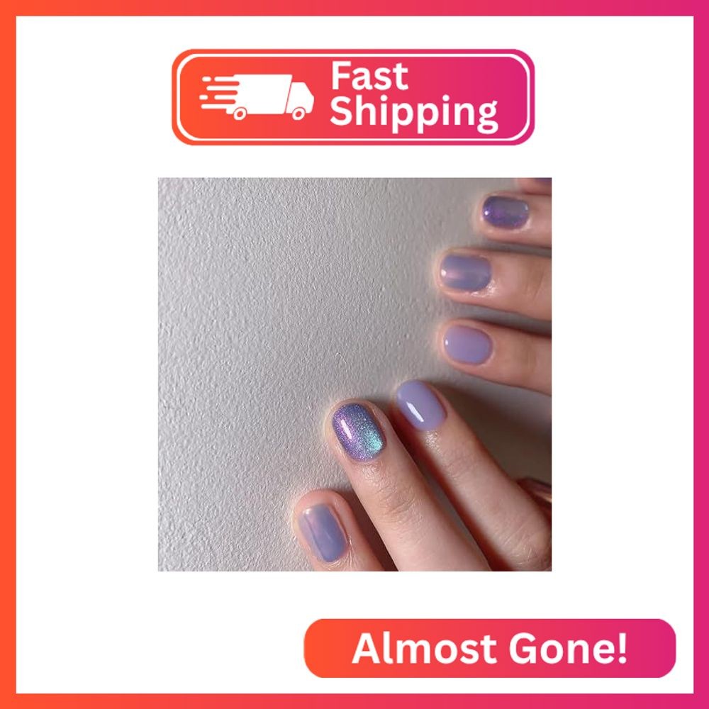 Short Round Press on Nails Oval Purple Cat Eye Fake Nails Press ons Acrylic Nail
