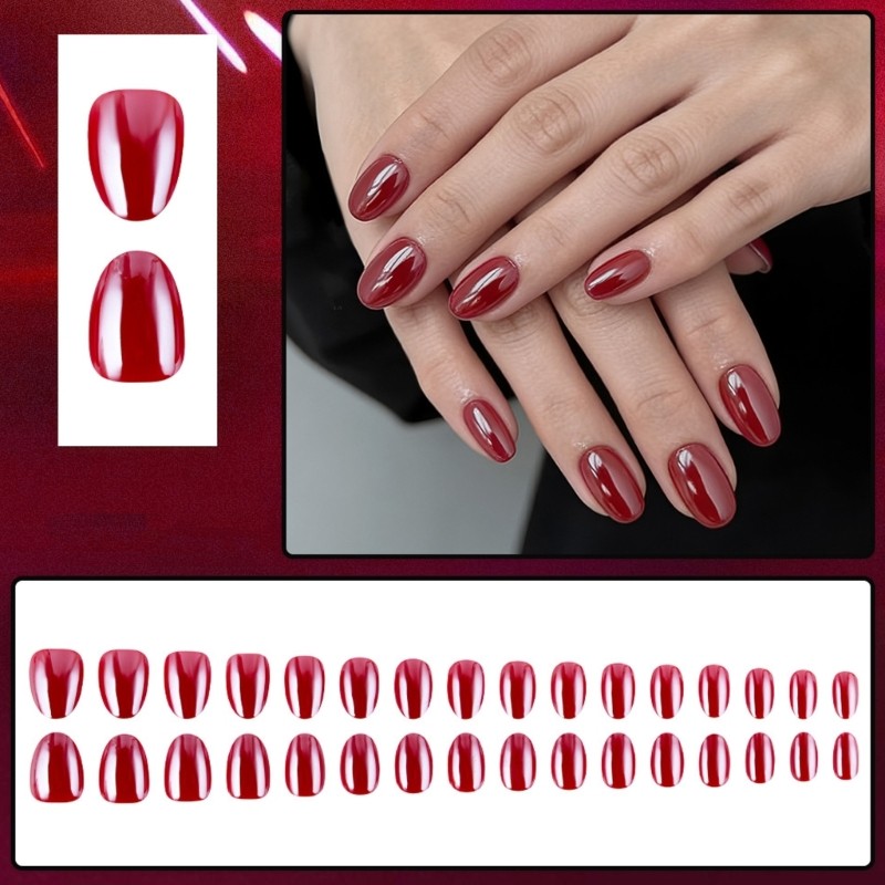 Oval Shape Short False Nail In Red Color Set Of 32Pieces Artificial Nail
