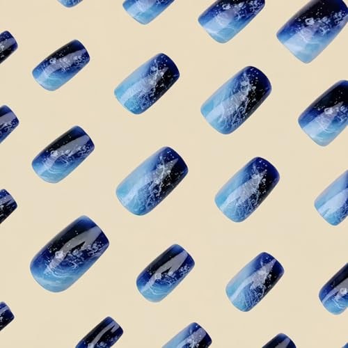 24Pcs Ocean Blue Fake Nails Short Medium Square Press on Nails with Design G10