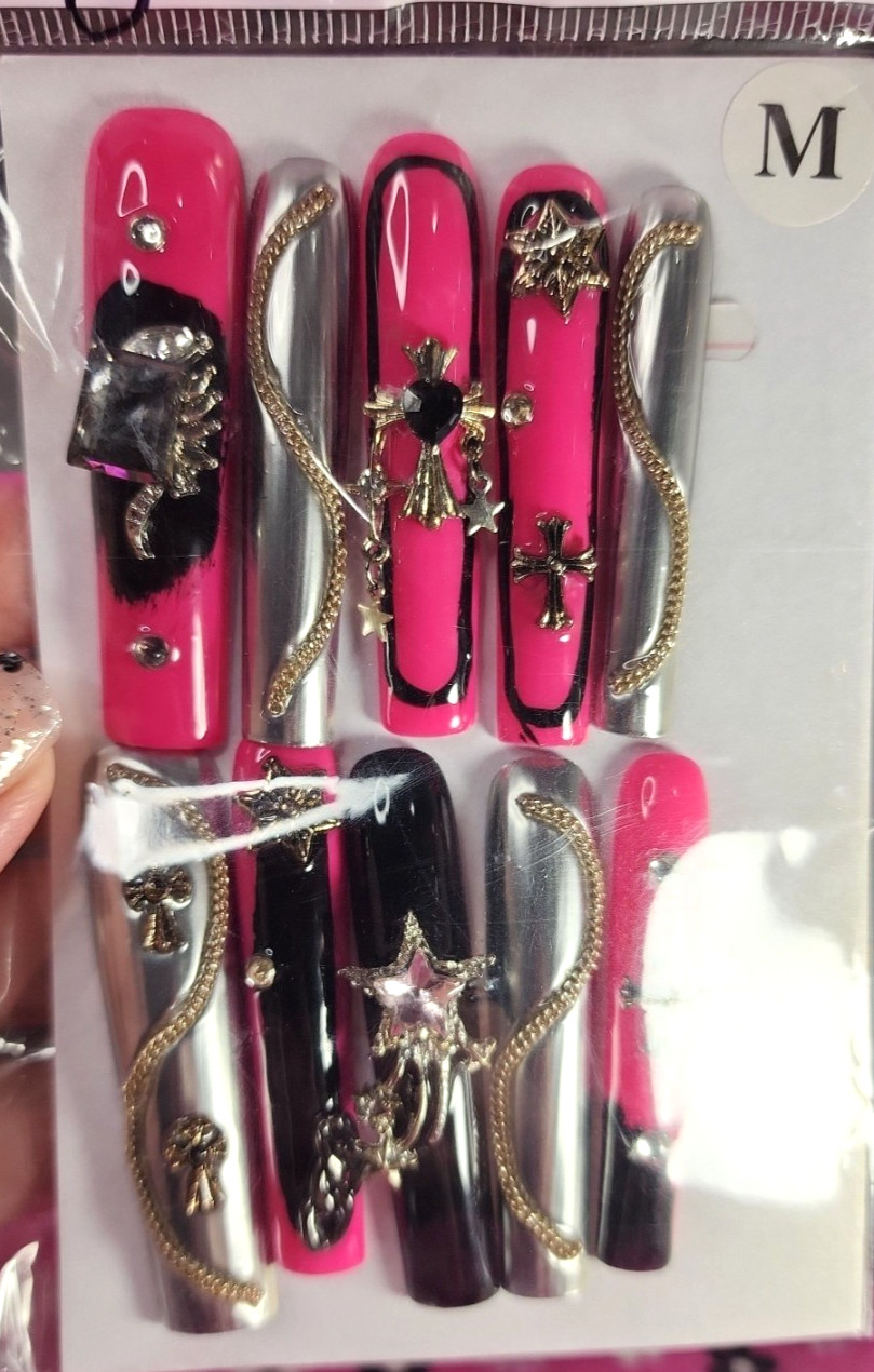 Medium Size Super Long Pink Star Cross Press-on Nail Set