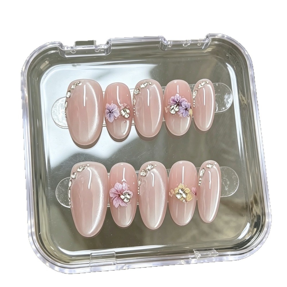 10Pcs Medium Oval Cherry Blossom Nails Nude Pink Gentle Daily Manicure