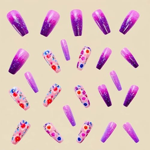 Press On Nails Coffin Fake Nails Flower With Gradient Medium Purple Flower 06