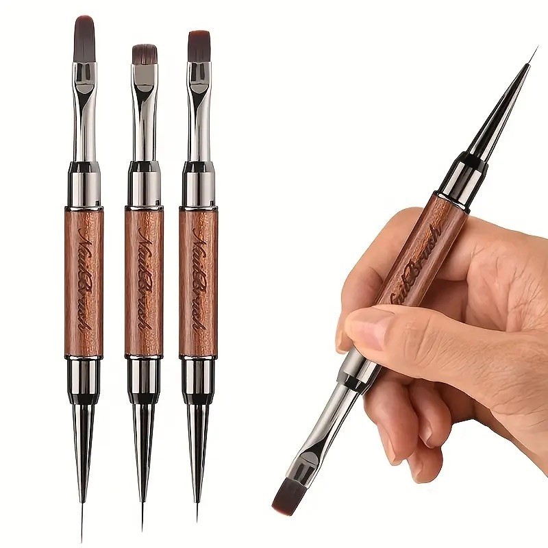 Sandalwood Handle Double-Ended Nail Art Brushes | Gel UV Acrylic Painting & Line