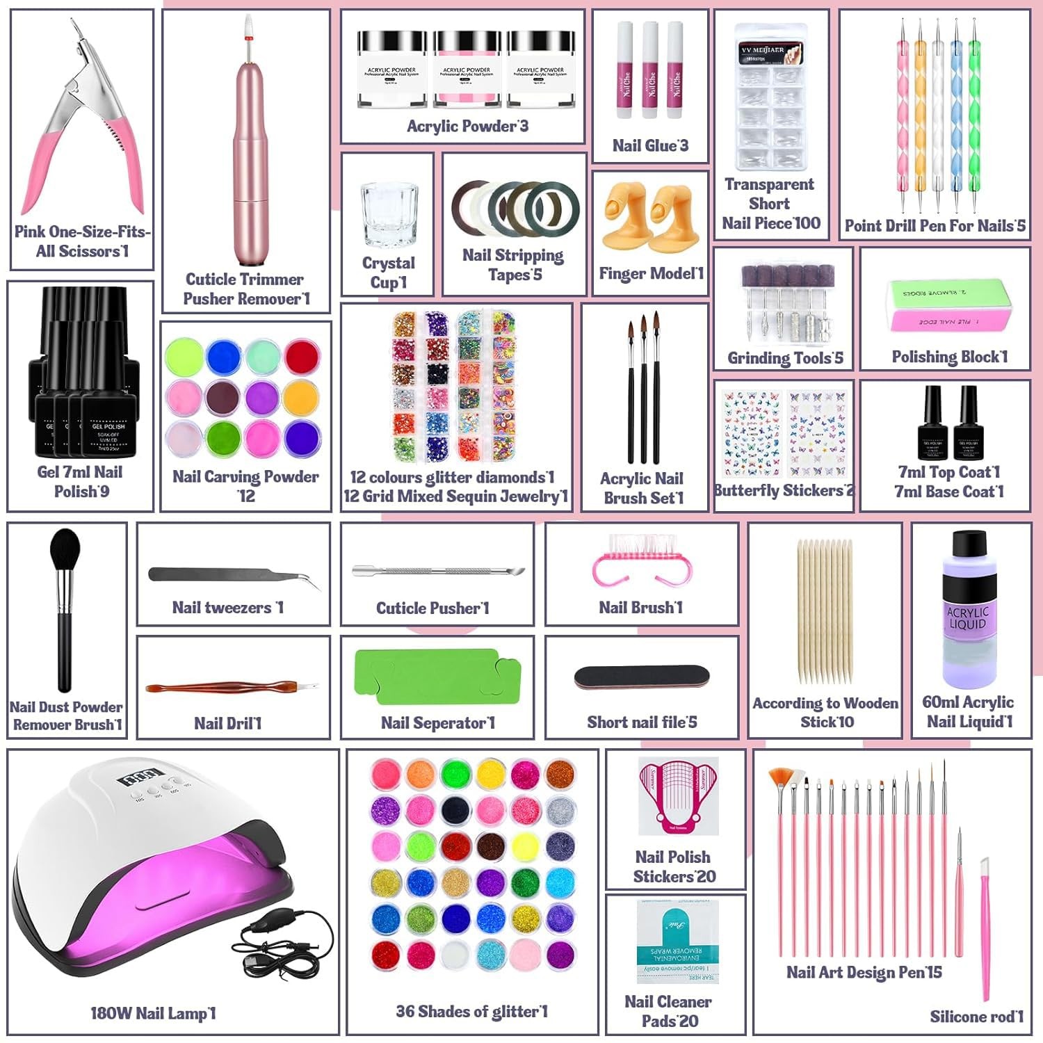 Acrylic Nail Kit,Professional Multicolor Acrylic Nails Powder Nail Starter Ki…
