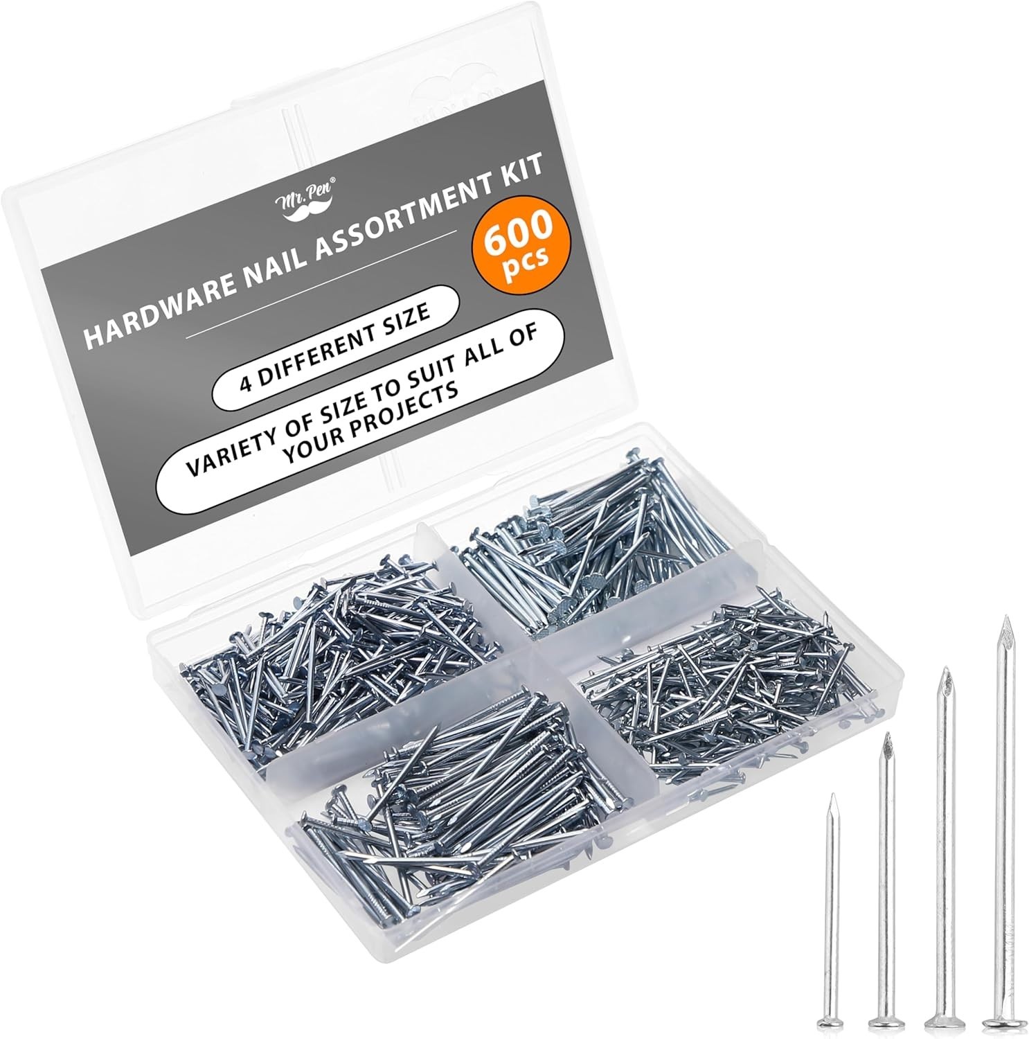 Quality Silver Nail Set – 600 Pcs in 4 Sizes for Picture Hanging & DIY Projects