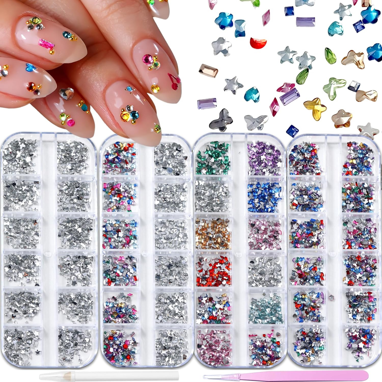 12 Grids Gold Bow Nail Charms 12 Styles Mini Alloy Bowknot Nail Rhinestones Butt