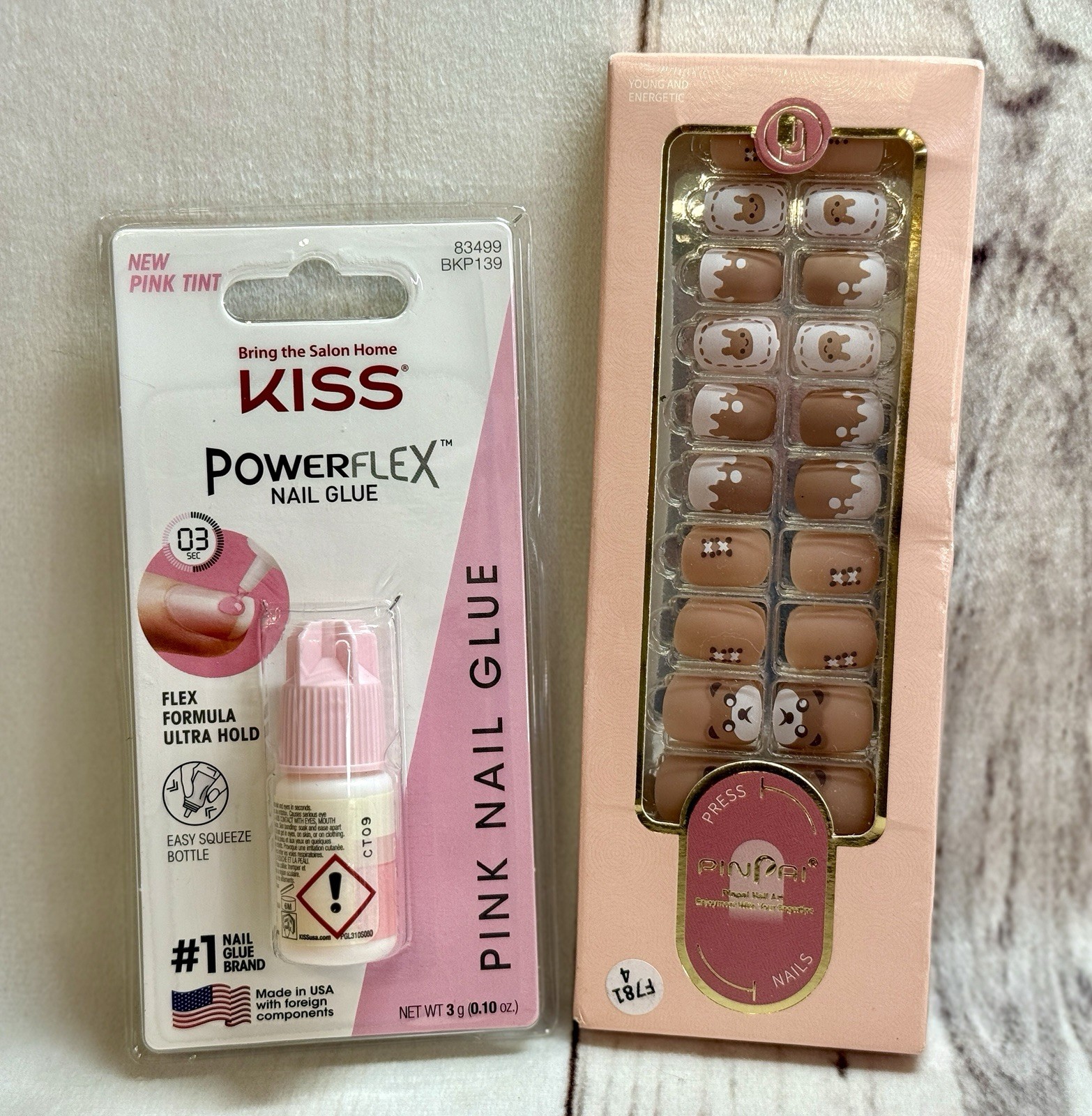 x2 Lot Press On Nail Sets Glue Nails Teddy Bear Brown w/Kiss Powerflex Pink Glue