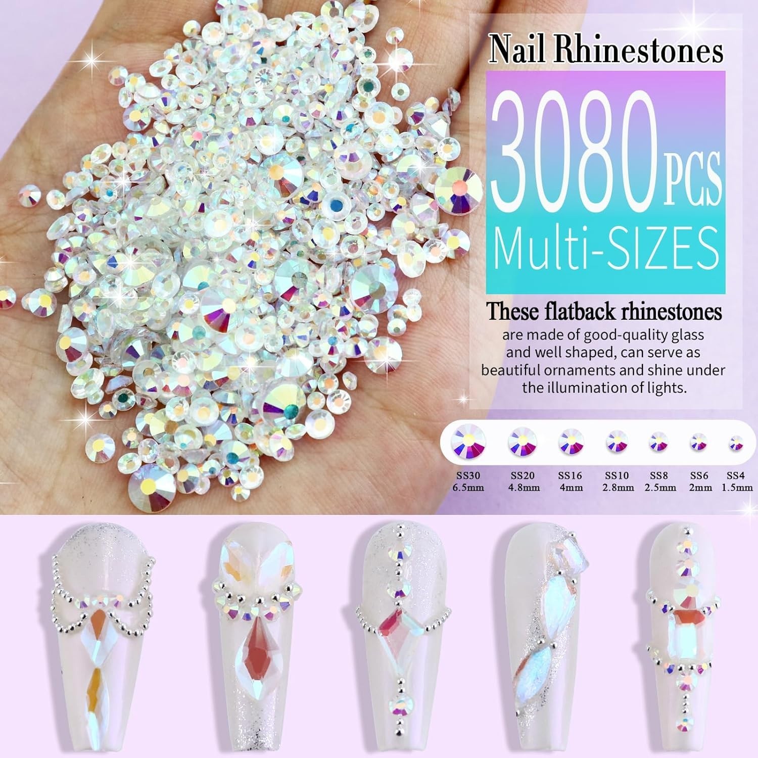 3200PCS Nail Art Rhinestones, Crystal Clear Flatback Rhinestones for Nails, Craf