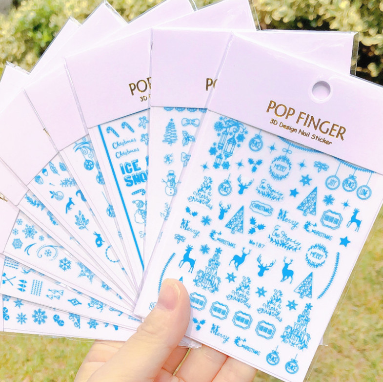 3D Nail Art Sticker Decals Blue Christmas Tree Snowflake Elk Peel & Stick NH18