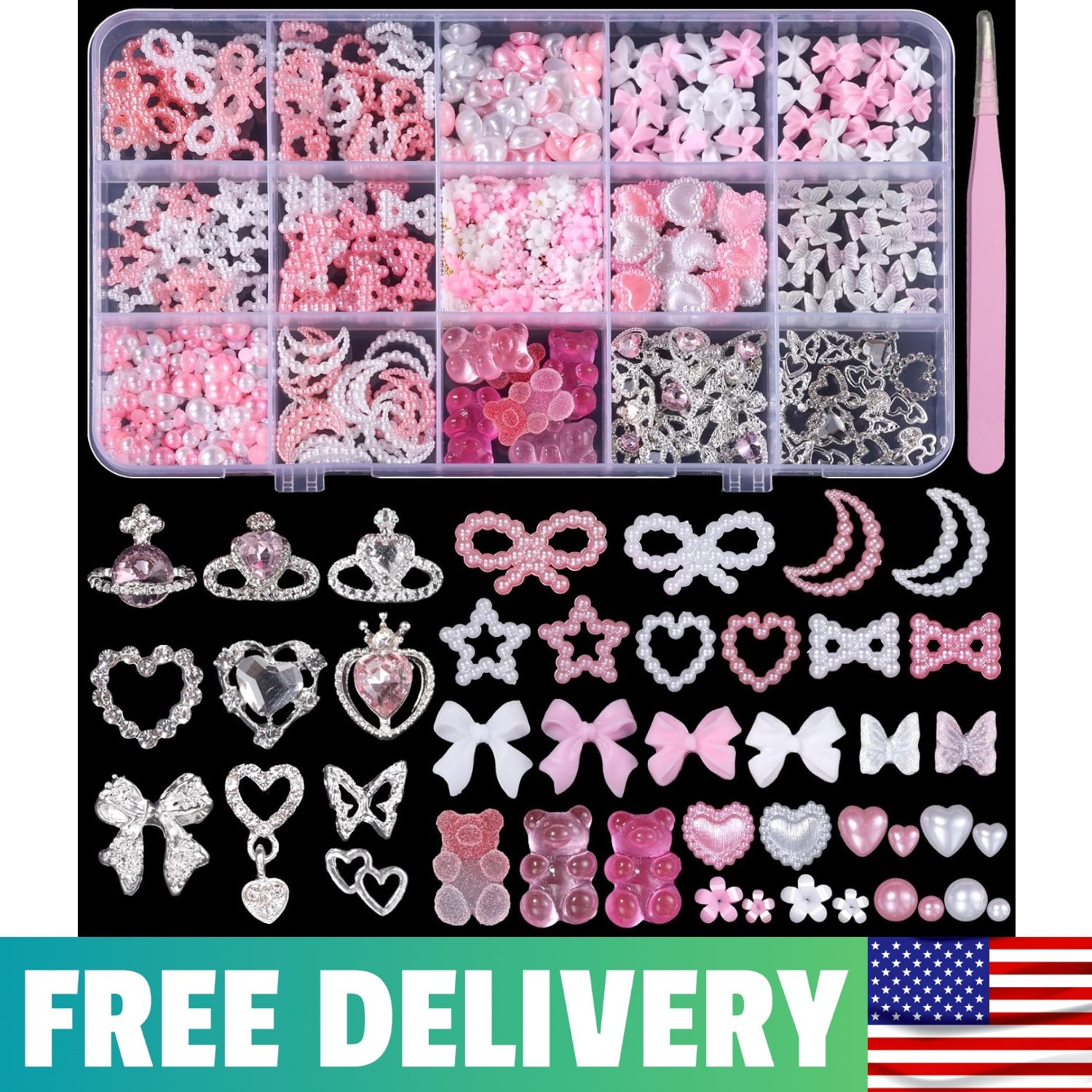 Silver Nail Gems Charms 3D Pink Pearl Bow Bear Nail Art Charms For Manicure |