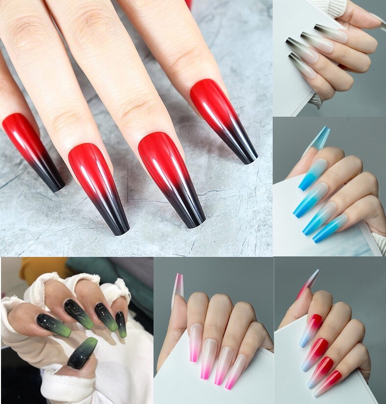 Handmade Press On Nails – Glossy Long Ombre Nails, Square Coffin Nails