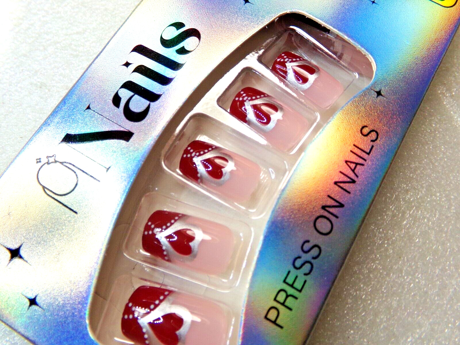 Valentine’s Day Nails Red & Silver with Heart Accents glue on Medium