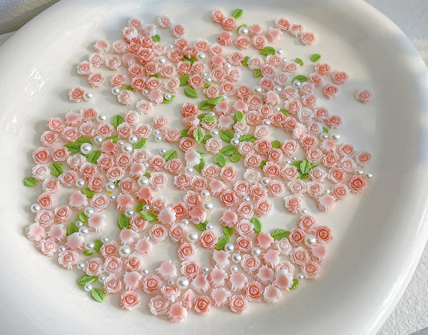 30pcs 3D Mixed Size Pearl Resin Flower Rose Nail Charms Pink Rose Red Nail Art