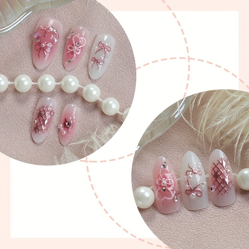 60Pcs-Pink Bow Heart Rhinestone Almond Press on Nails Pearl Star Glossy Fake Tip