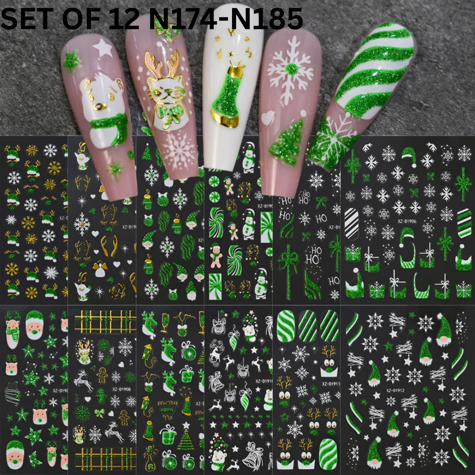 12pcs 3D Christmas Nail Decals – Santa, Snowman & Holiday Candy Design