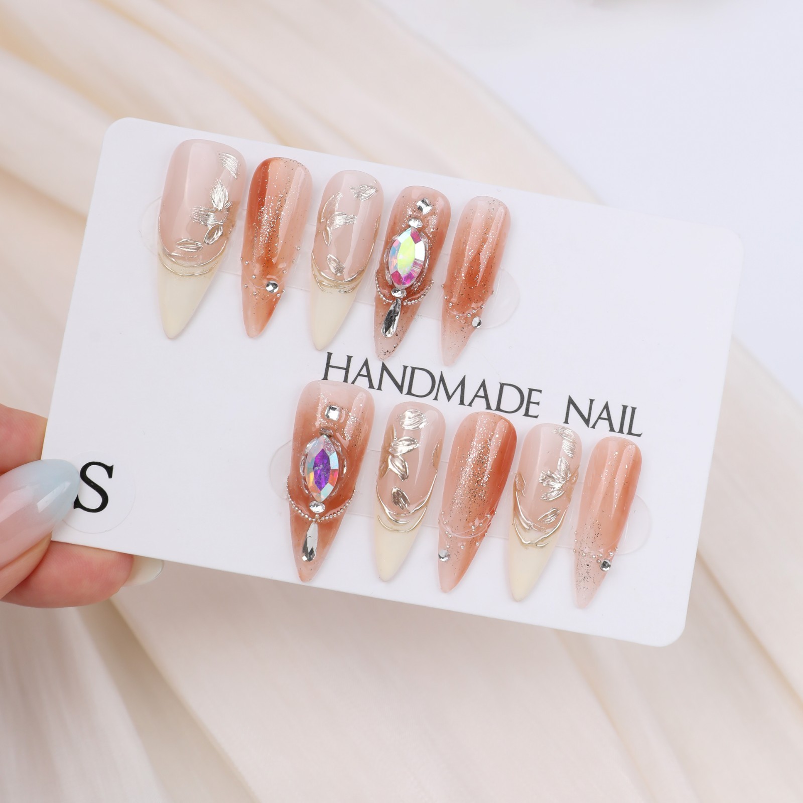 Honey Tea Pink Brown Ombre Press On Nails Medium Stiletto Gold Foil Rhinestone