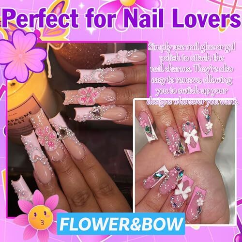 3D Flower Nail Charms Bulk Pink and White 3D Flowers and Bows Nail Charms Set C
