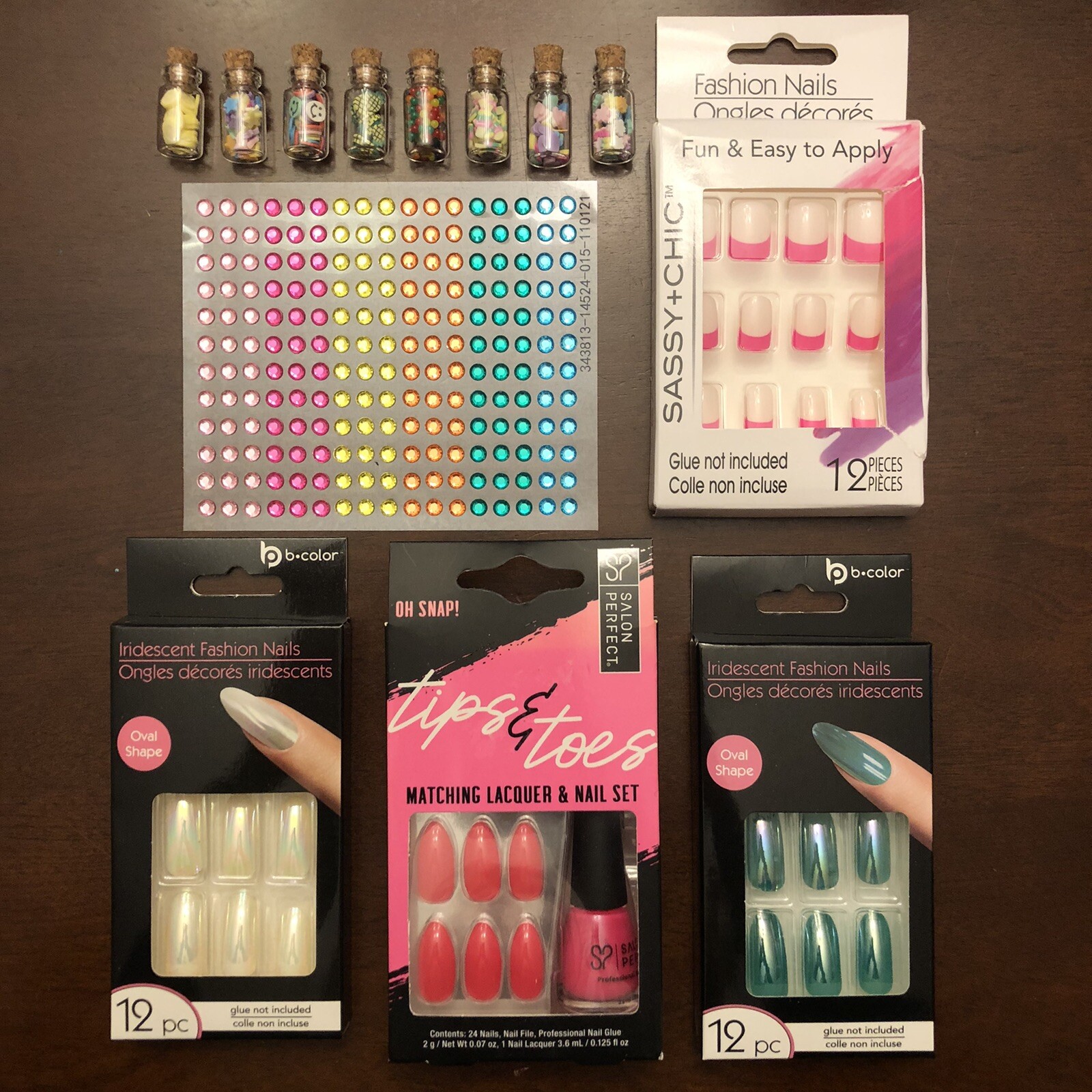 NAIL ART LOT 4 X SETS PRESS ON NAILS Polish Gems Food Miniatures Acrylic Jewels