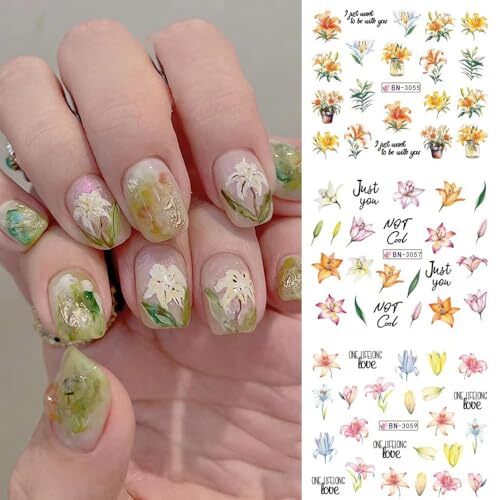 12 Designs of Flower Nail Art Stickers Acrylic Nail Decals for Lily Flower