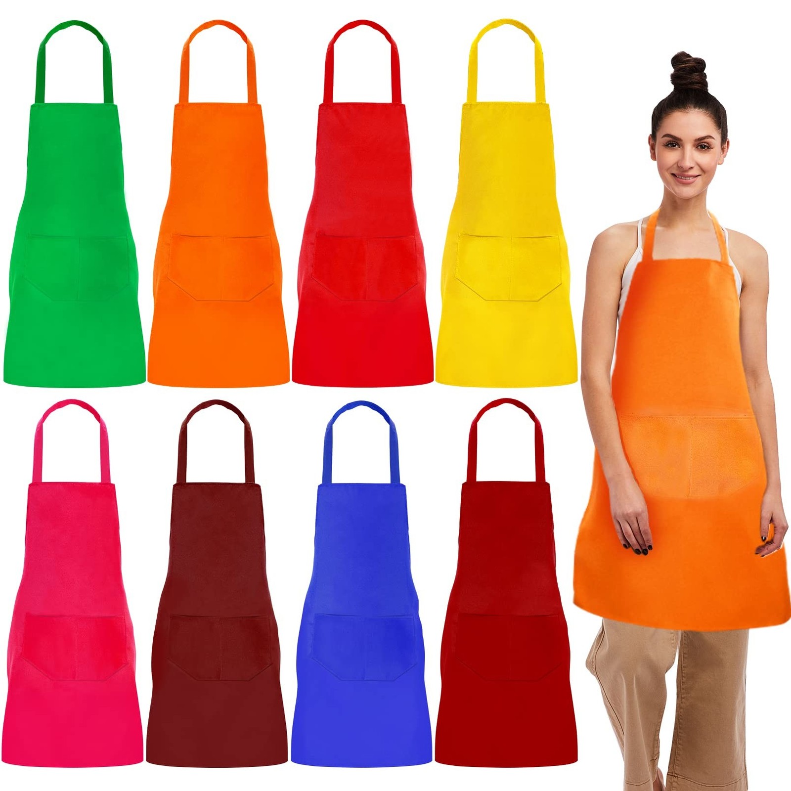 8 Pack Plain Bib Aprons Bulk,Mixed Color Apron with 2 Front Pockets,Washable …