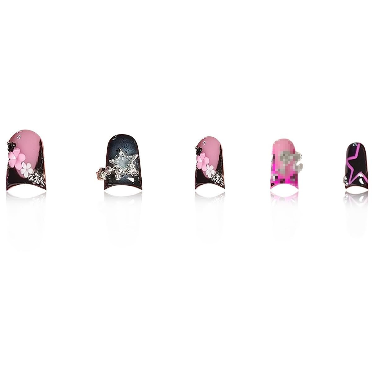 Black Press on Nails Duck Fake with Star Design French Short, Color01