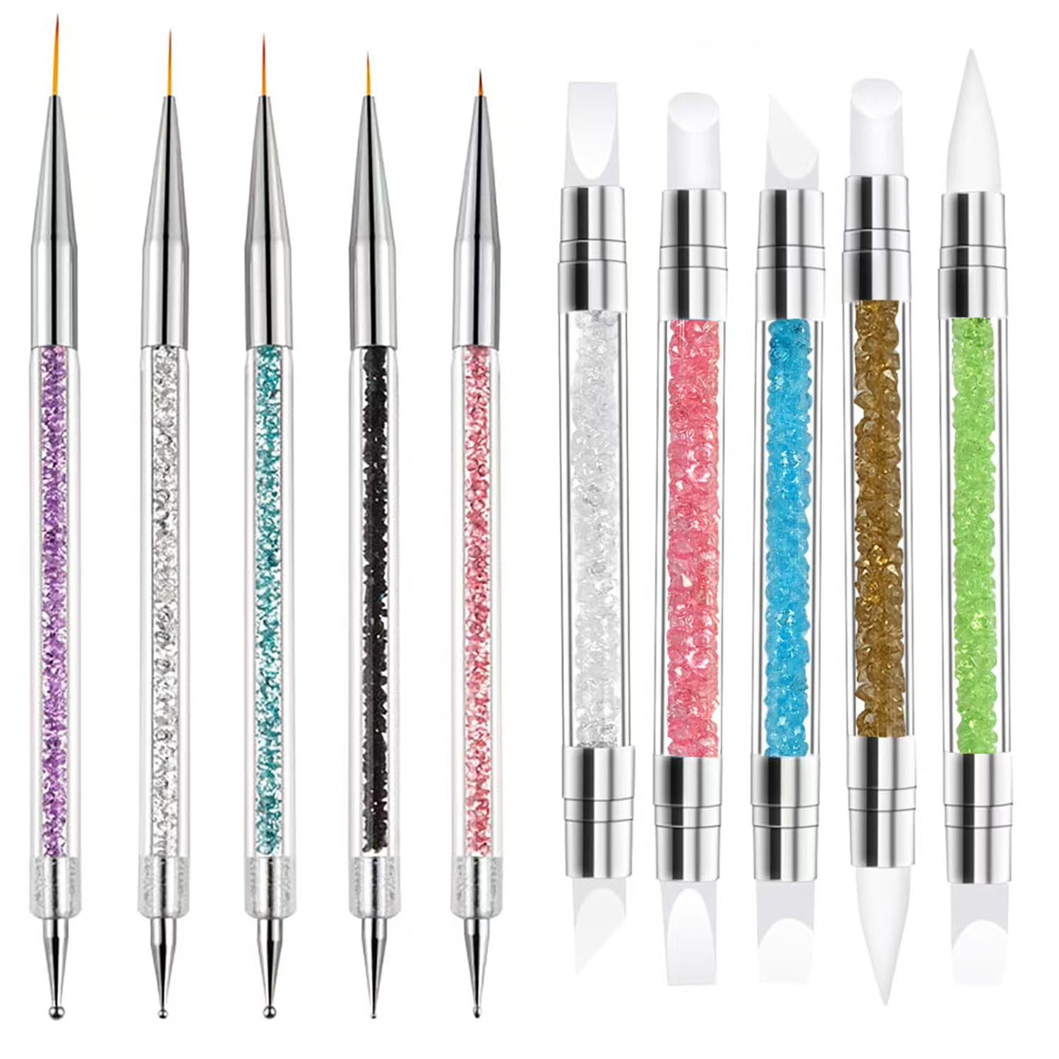 10Pcs Double Ended Nail Art Tool Set, Rhinestone Handle Nail Brushes with Ultra