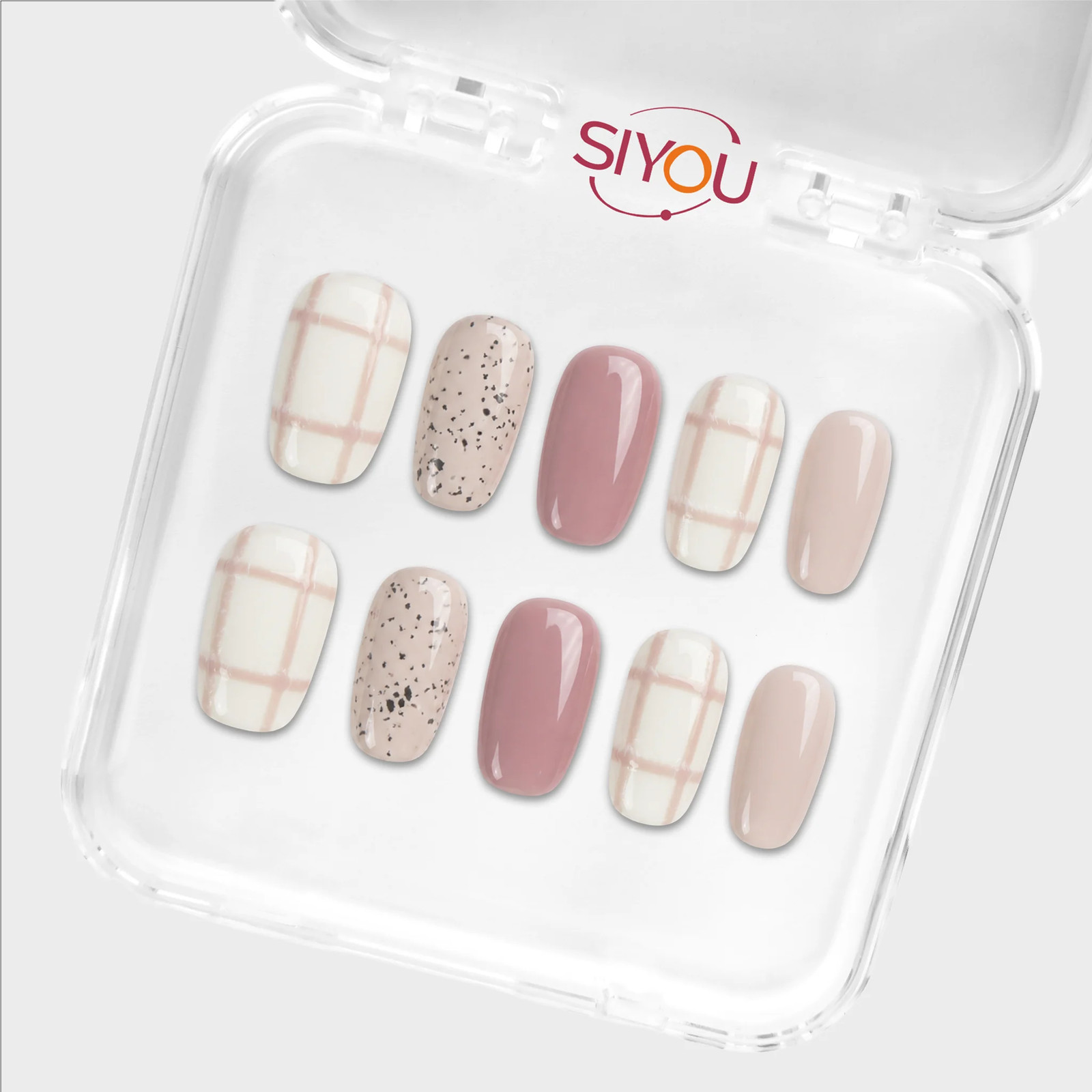 SIYOU Cardigan Short Squoval Cream Mauve Plaid Press-On Nails 10pc