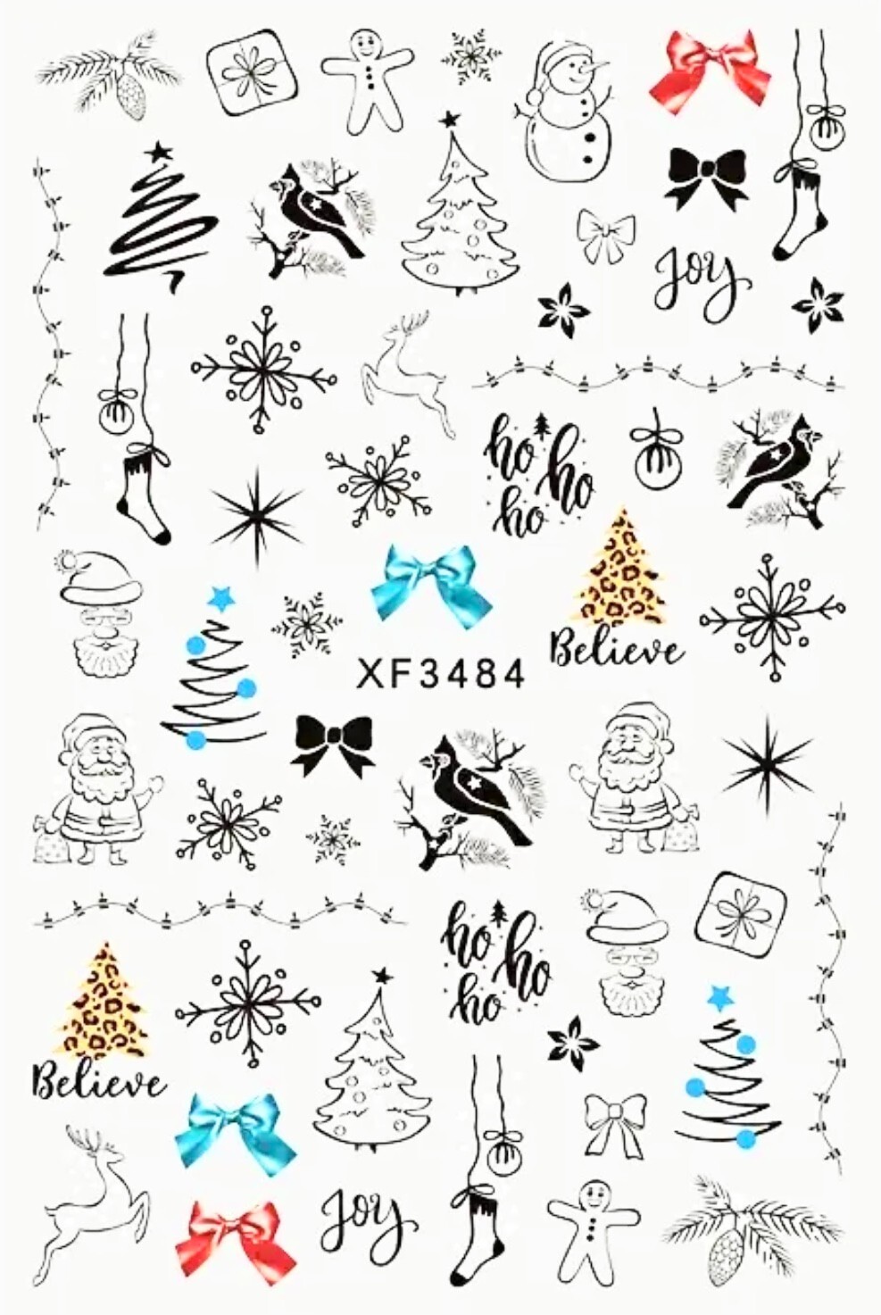 Nail Art Sticker Christmas Santa Snowman Reindeer Ornaments Xmas Tree Decals3484