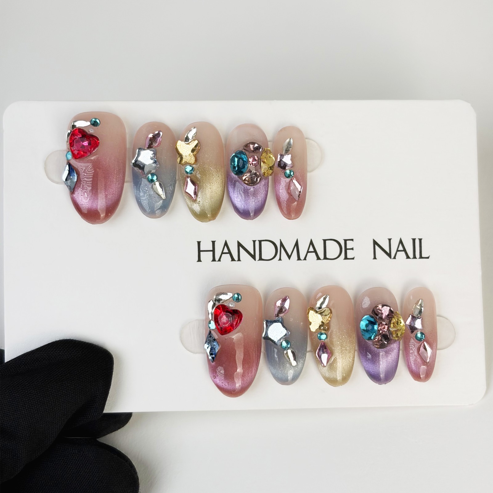 Rainbow Sugar Diamond Press-On Nails Medium Oval Sweet Cool Style Handmade Set