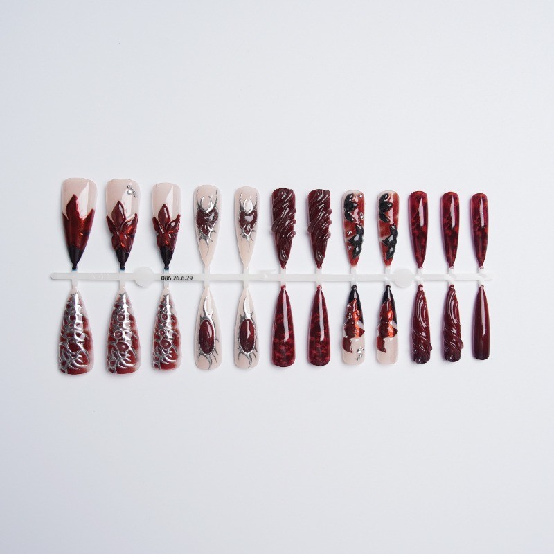 48Pcs Stiletto Press on Nails, Red Black Rose Heart Metal Gothic Fake Nails