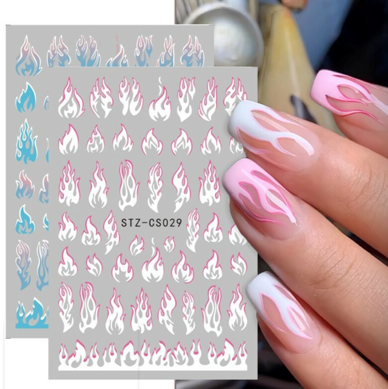 3D Holographic Fire Flame Nail Stickers Blue Pink Decal DIY Decoration ns7