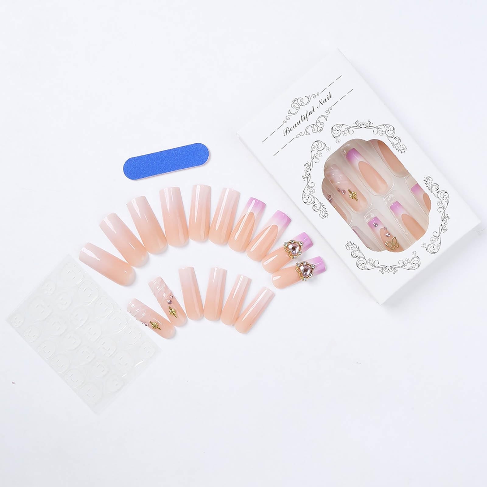 Pink Gradient Heart Butterfly Gold Star Long Duckbill Press On Nails
