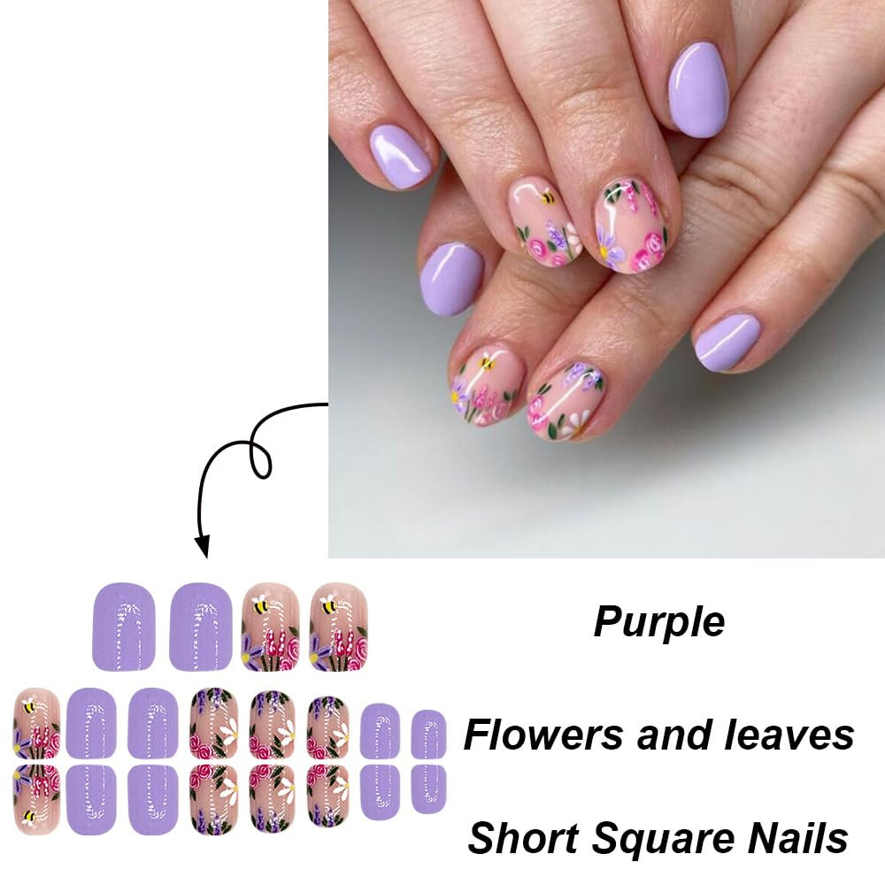 Purple Flower Press on Nails Short Almond Spring Fake Nails with Purple Flower B