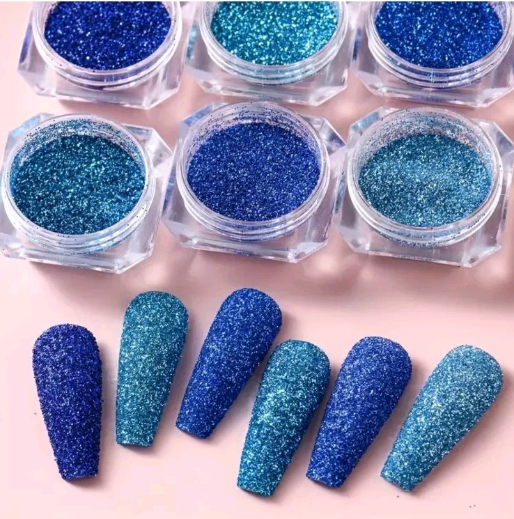 6pcs Cool Blue Ocean Glitter Nail Powder Set – Sparkling Sugar Sequins, Crystal