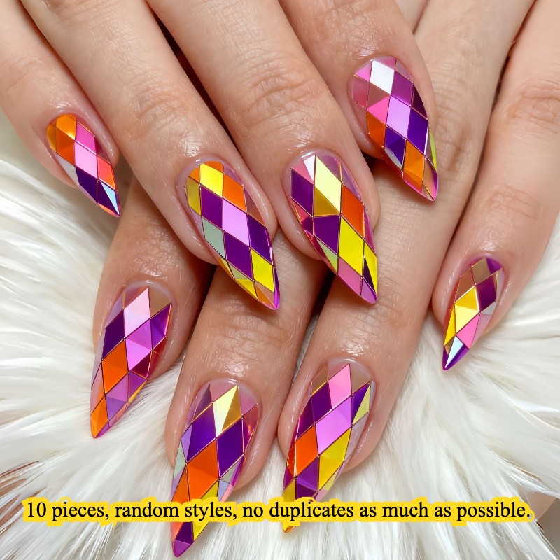 Long Round Almond Fake Nails Metallic Mirror Shimmer 3D Laser Glue on Nail Lot