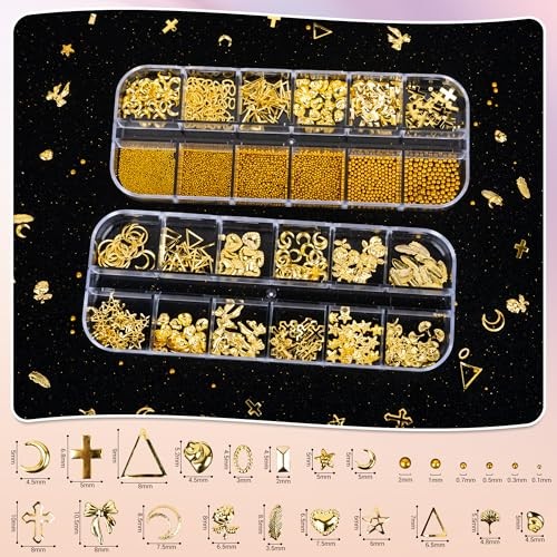 Gold Nail Charms and Nail Gems with 4 Boxes of Rhinestones 3D Metal for Nail