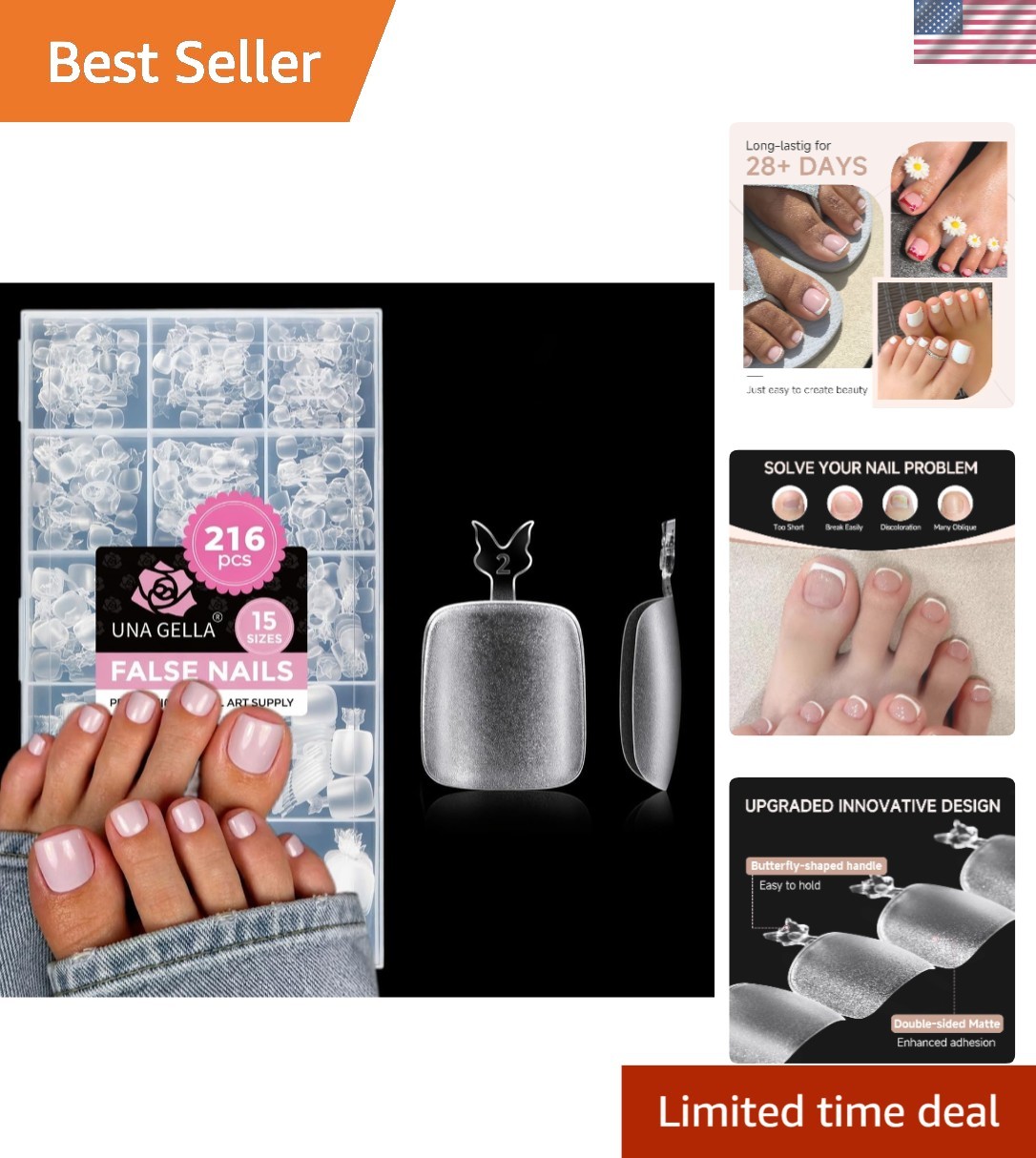 Professional Quality 216 Pcs Square Round Gel Toe Nail Extensions – Long-lasting