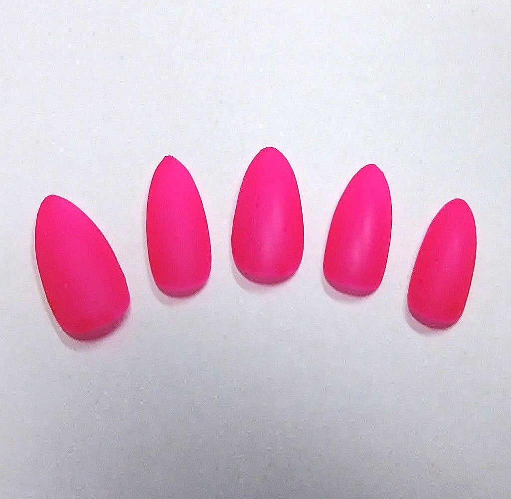 Matte or Glossy Neon Pink Almond Press On Nails Set Fluorescent Handmade