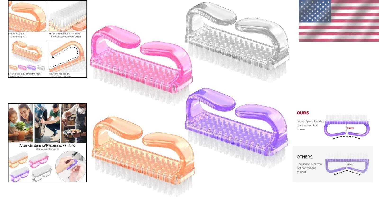 Vibrant 4-Pack Handle Grip Nail Brushes – Perfect for Home & Travel Care