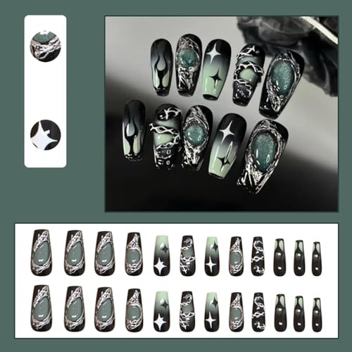 24Pcs Square Press on Nails Medium Punk Fake Nails Green Punk Nails Medium-24