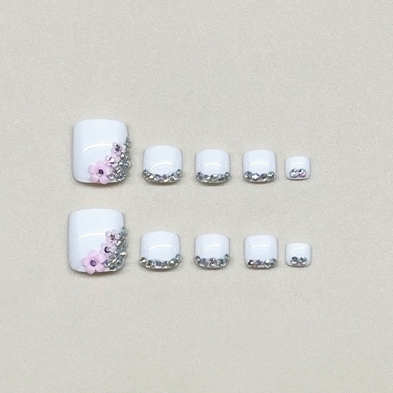 48Pcs-Lilac Solid 3D Pink Flower Rhinestone Cute Square Summer Toe Press on Nail