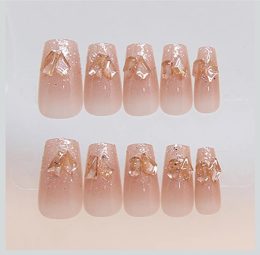 Medium Square Beige Gold Glitter 3D Press-On Nails Set Ombre Full Cover Acrylic