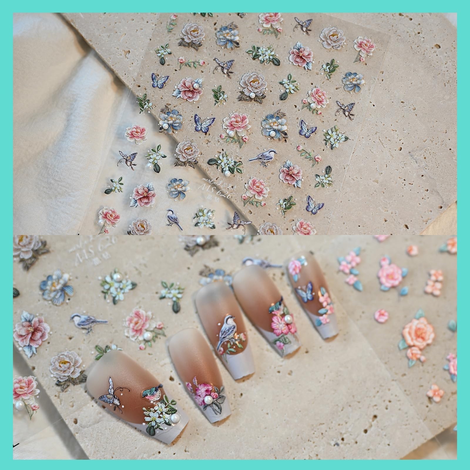 Flower Rose Bird Nail Art Stickers Pearl Rhinestones Embossed Vintage Nail De…