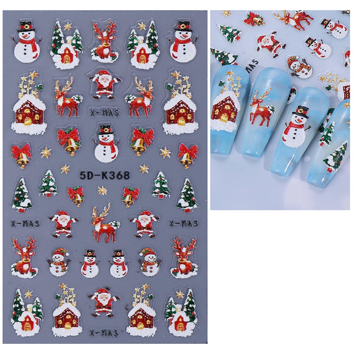 2 Sheets Embossed Christmas Nail Stickers for Nail Art Santa Claus Snowman Na…