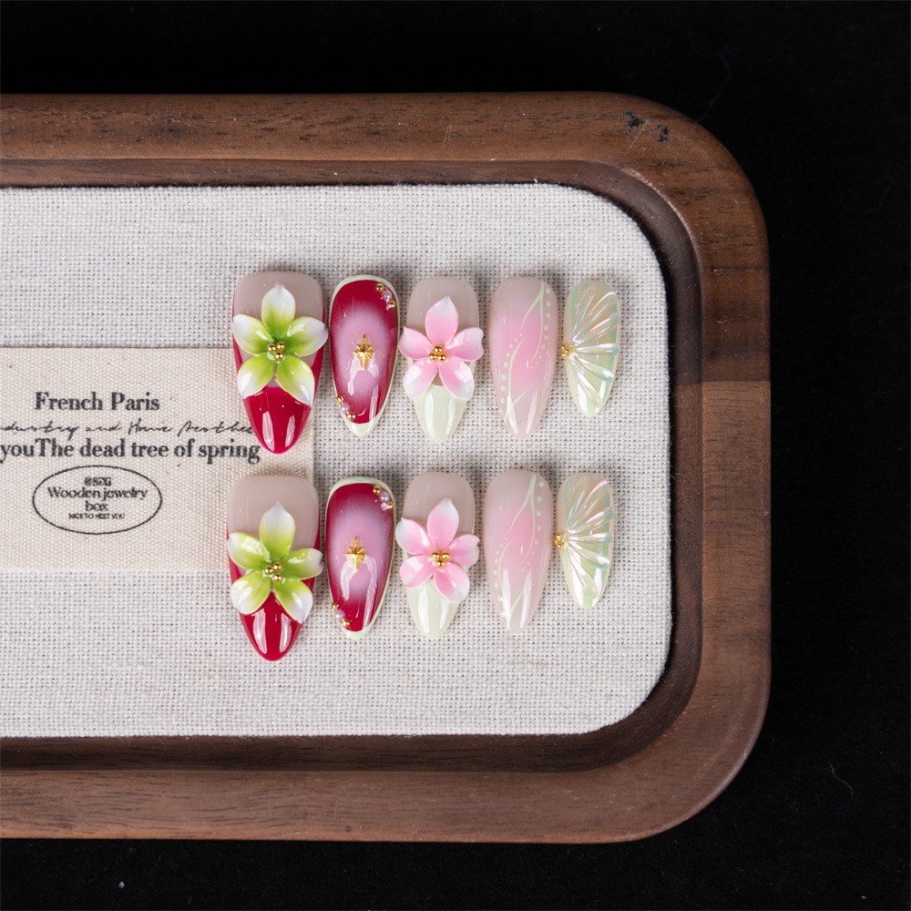 10pcs Red Pink Green Gradient Nails 3D Flower Butterfly Glossy Party