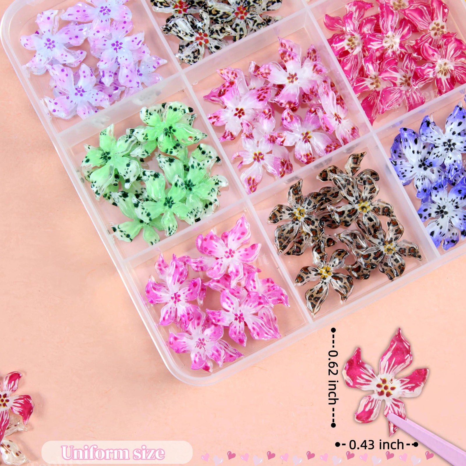 120Pcs 12 Grids Flower Nail Art Charms Cute Hawaii Flower Nail Rhinestones Co…