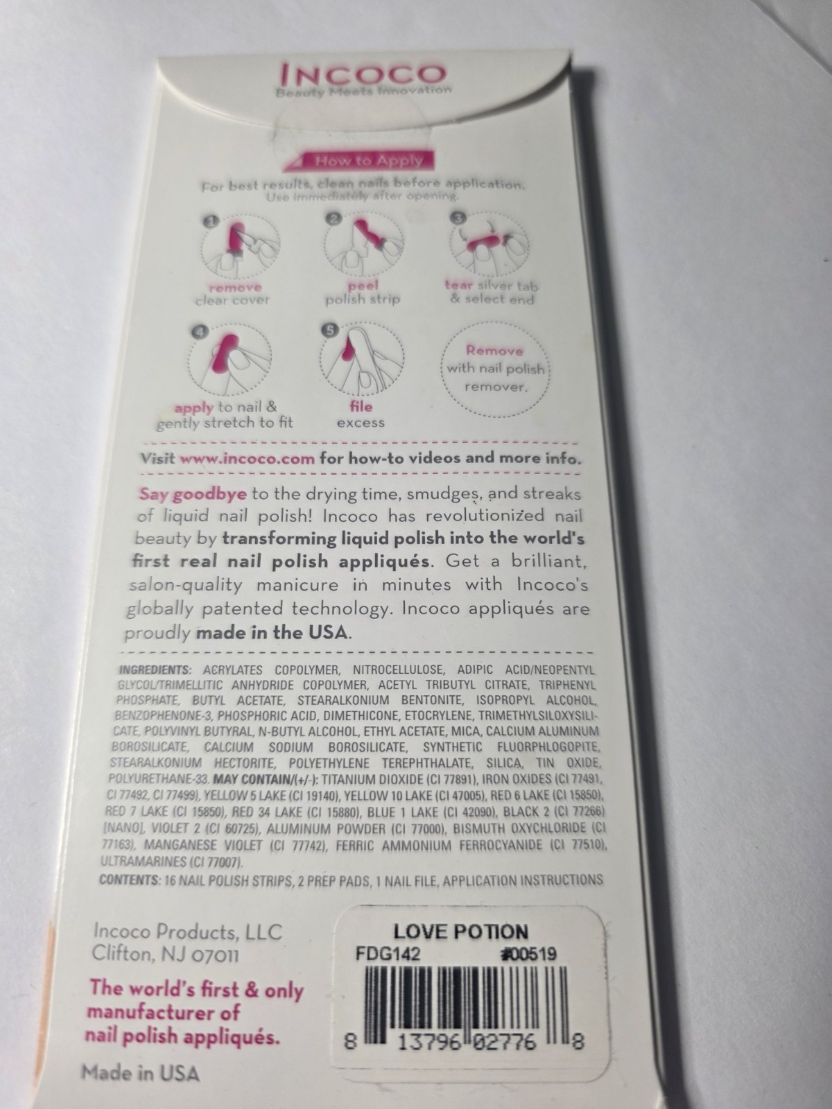Incoco Love Potion Pink/Clear Glitter Nail Polish Strips Short Square FDG142